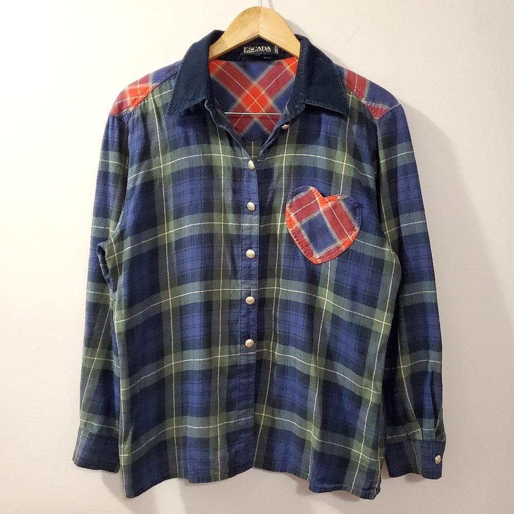 Escada - Plaid Shirt with Heart Pocket and Elbow Patches - Read for Sizing